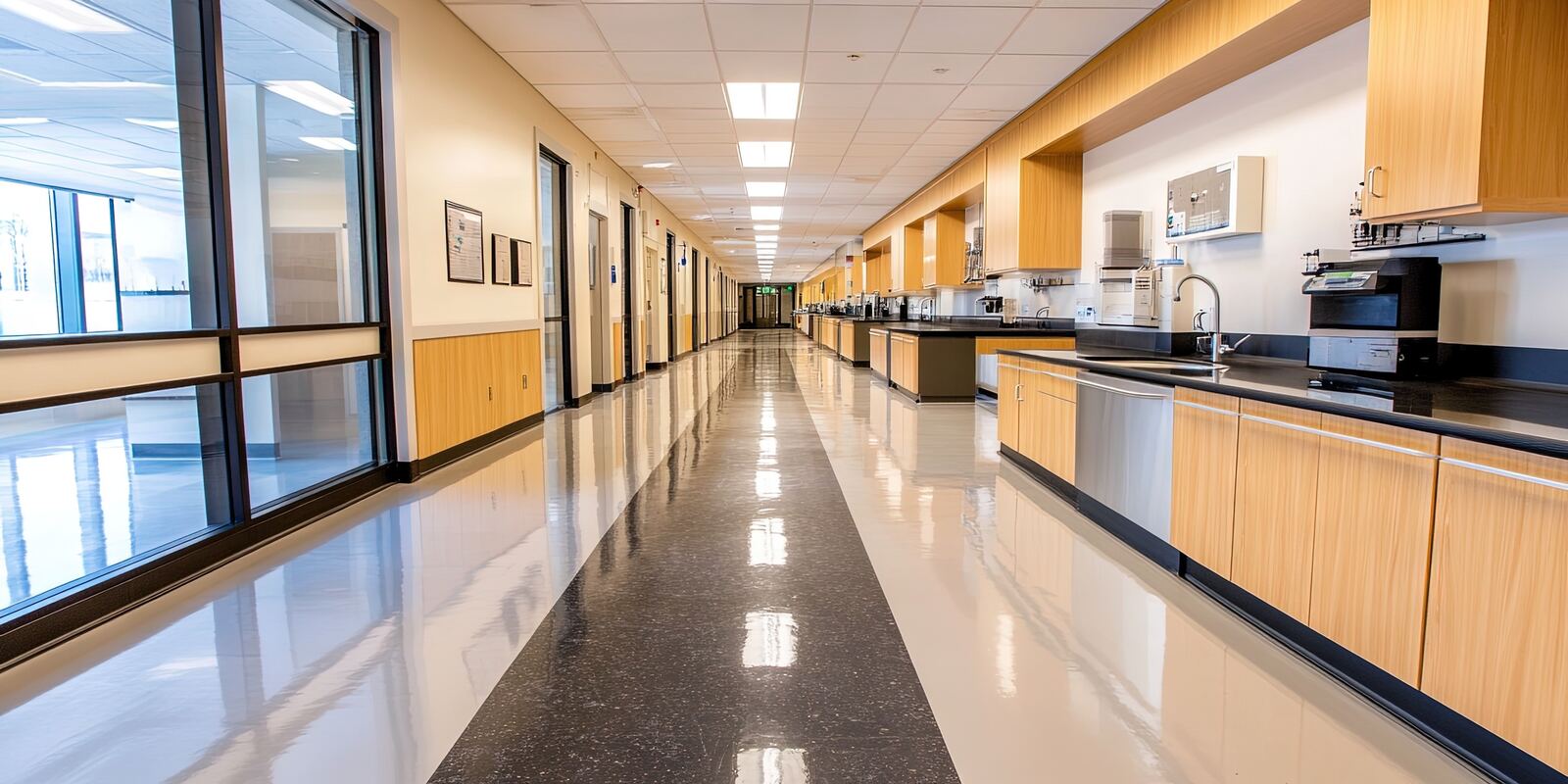Polished resilient flooring in a long commercial corridor