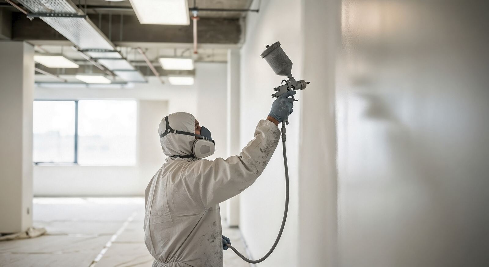 Painter spraying a wall in a commercial interior