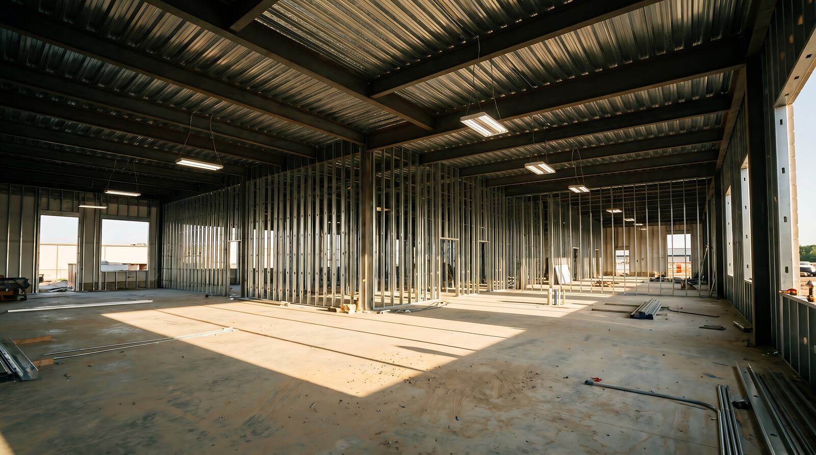 Steel stud wall framing inside a large commercial industrial building